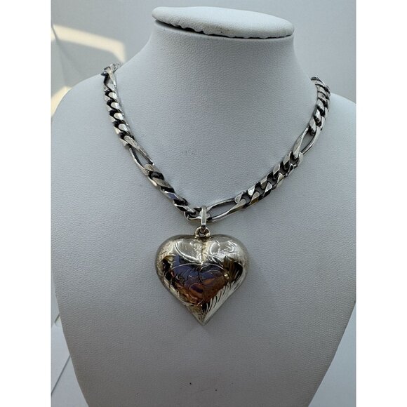 Sterling Silver Rope Necklace and Puffed Heart Pendant 18" Chain Link 52 Grams - Picture 5 of 10